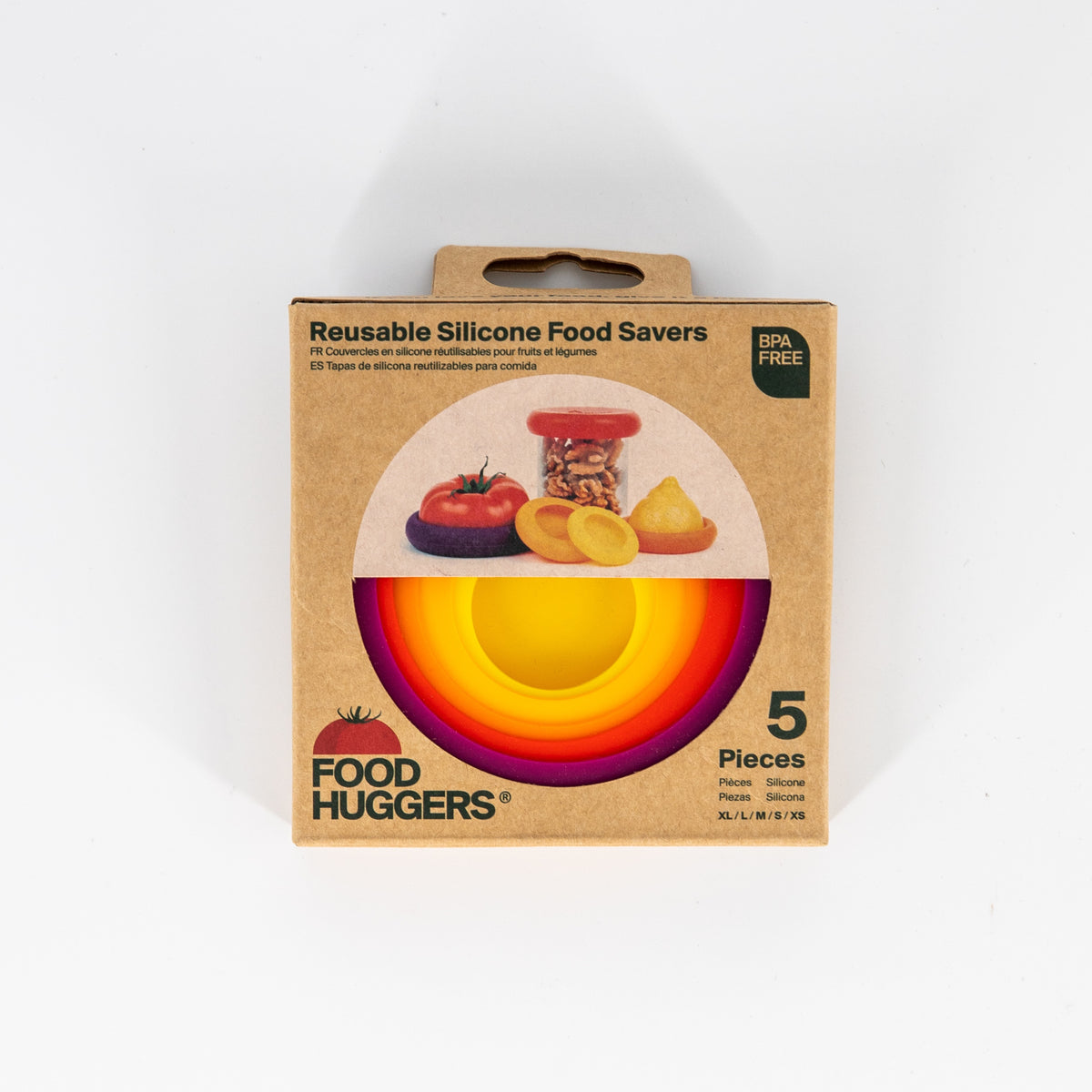 Food Huggers Autumn Harvest reusable silicone food savers, five nesting sizes shown in their packaging