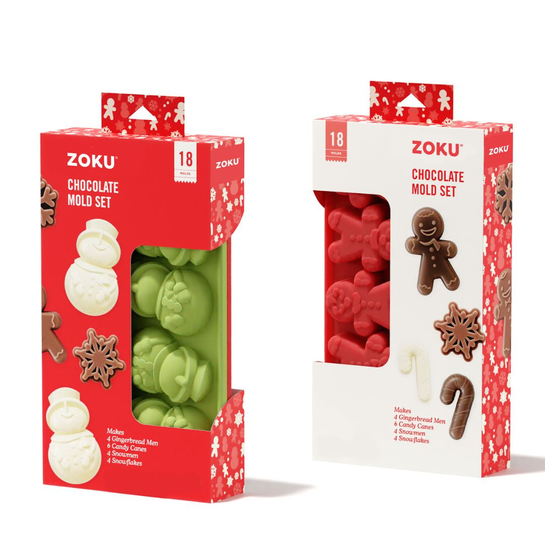 Zoku Holiday chocolate mould sets, two boxed silicone moulds in green and red with festive shapes
