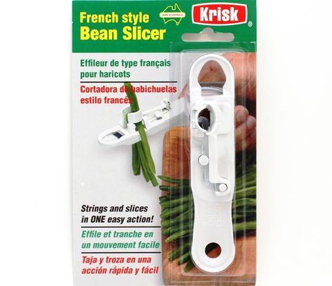 Krisk French style bean slicer in white, shown on its retail card