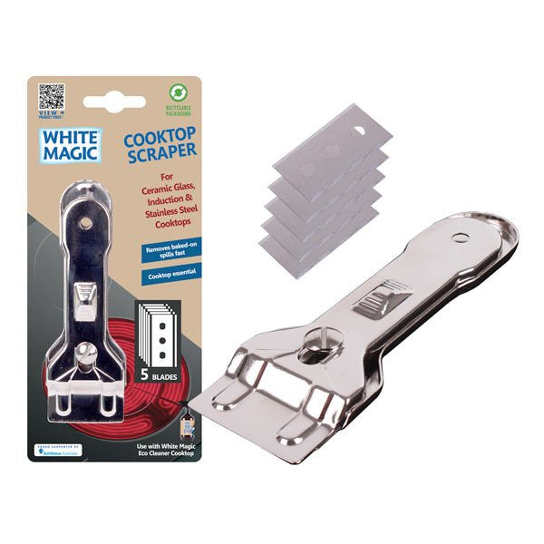 White Magic cooktop scraper with replacement blades, shown on its retail card