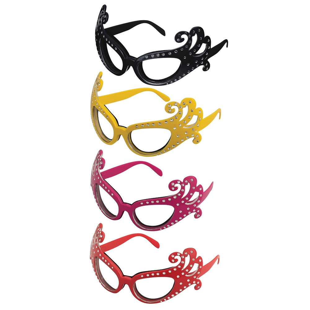 Avanti Dame onion glasses, four novelty eye goggles in black, yellow, pink and red with jewelled frames