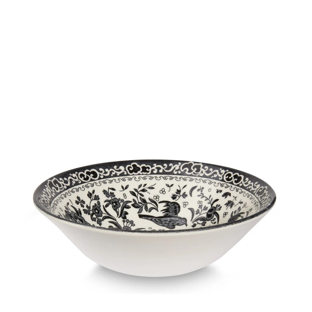Burleigh Black Regal Peacock cereal bowl, 16cm/6.25 inch, with a black and white transferware pattern