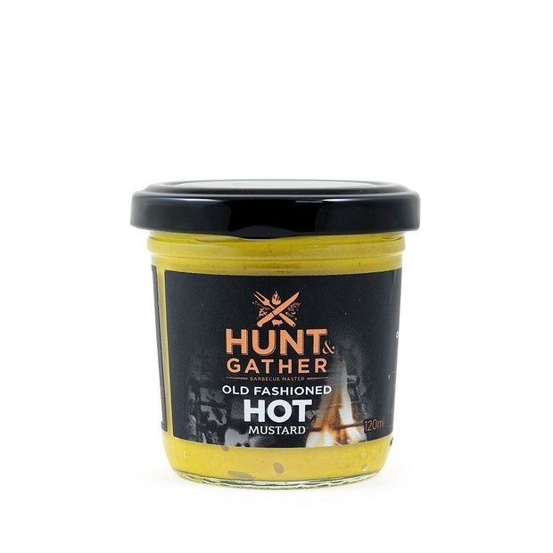 Hunt & Gather Old Fashioned Hot Mustard in a glass jar with a black lid