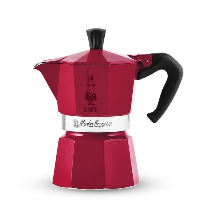 Bialetti Moka Express in cherry red, a stovetop coffee maker with a black handle