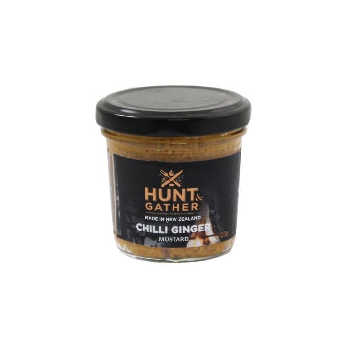Hunt & Gather Chilli Ginger mustard in a glass jar with a black lid