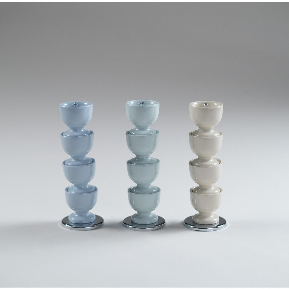 Zeal egg cup set, stacked cups in pale blue and white with saucer bases