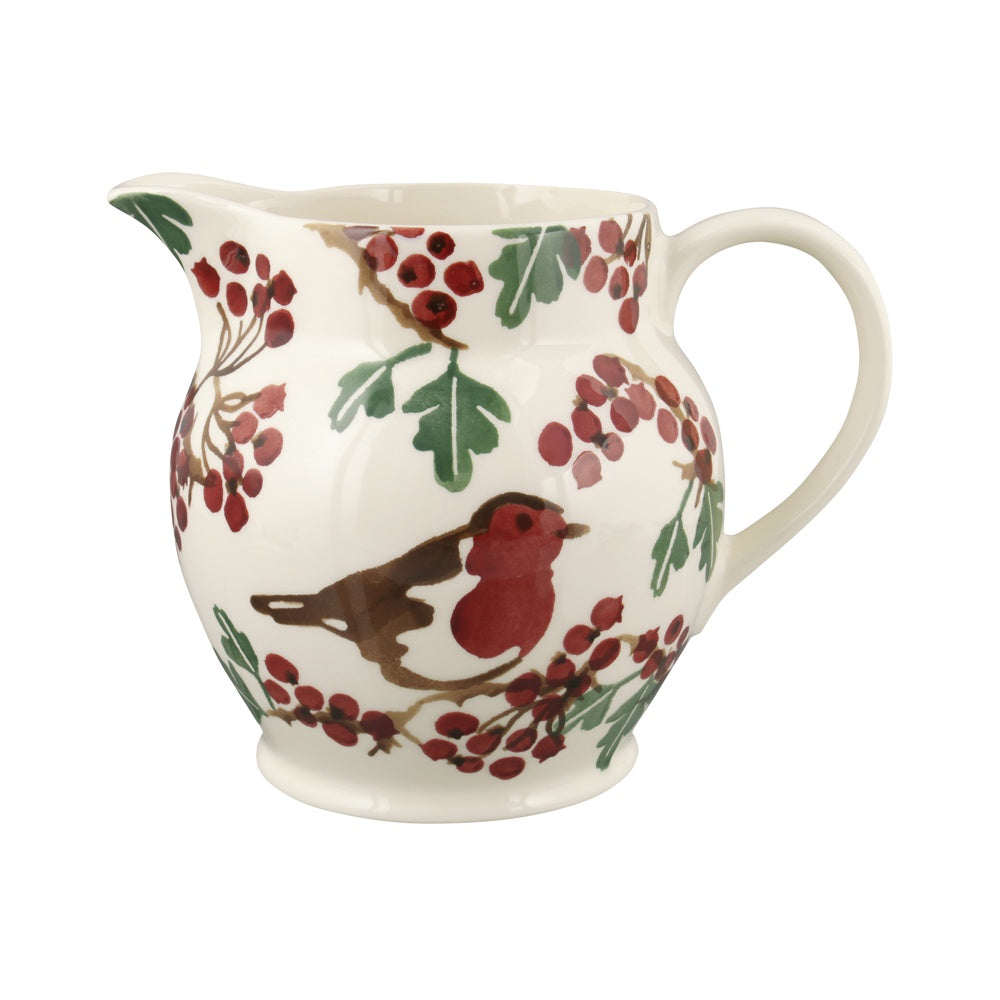Emma Bridgewater 1 1/2 pint jug with a Hawthorne Berries design of red berries, leaves and a robin