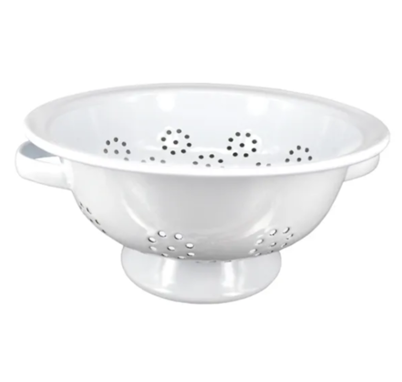 Dishy white enamel colander with a pedestal base, side handles and a pattern of drainage holes