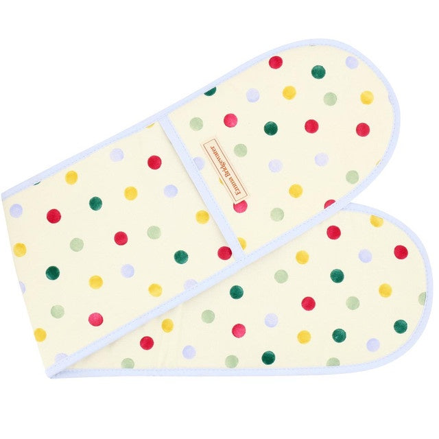 Emma Bridgewater double oven glove with a Polka Dot pattern in cream with multicoloured dots