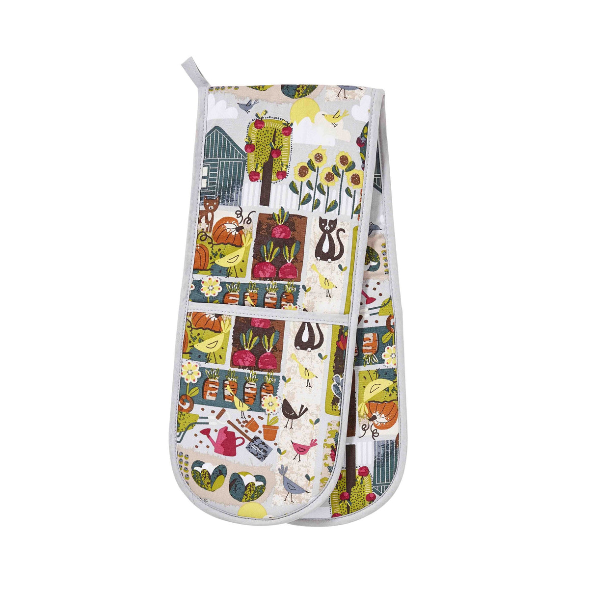 Ulster Weavers Home Grown double oven glove with a garden allotment print with cats and sunflowers