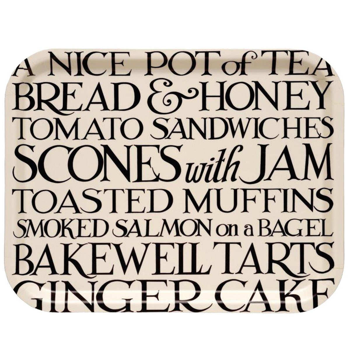 Emma Bridgewater Black Toast rectangular tray with black lettering listing tea-time treats on cream