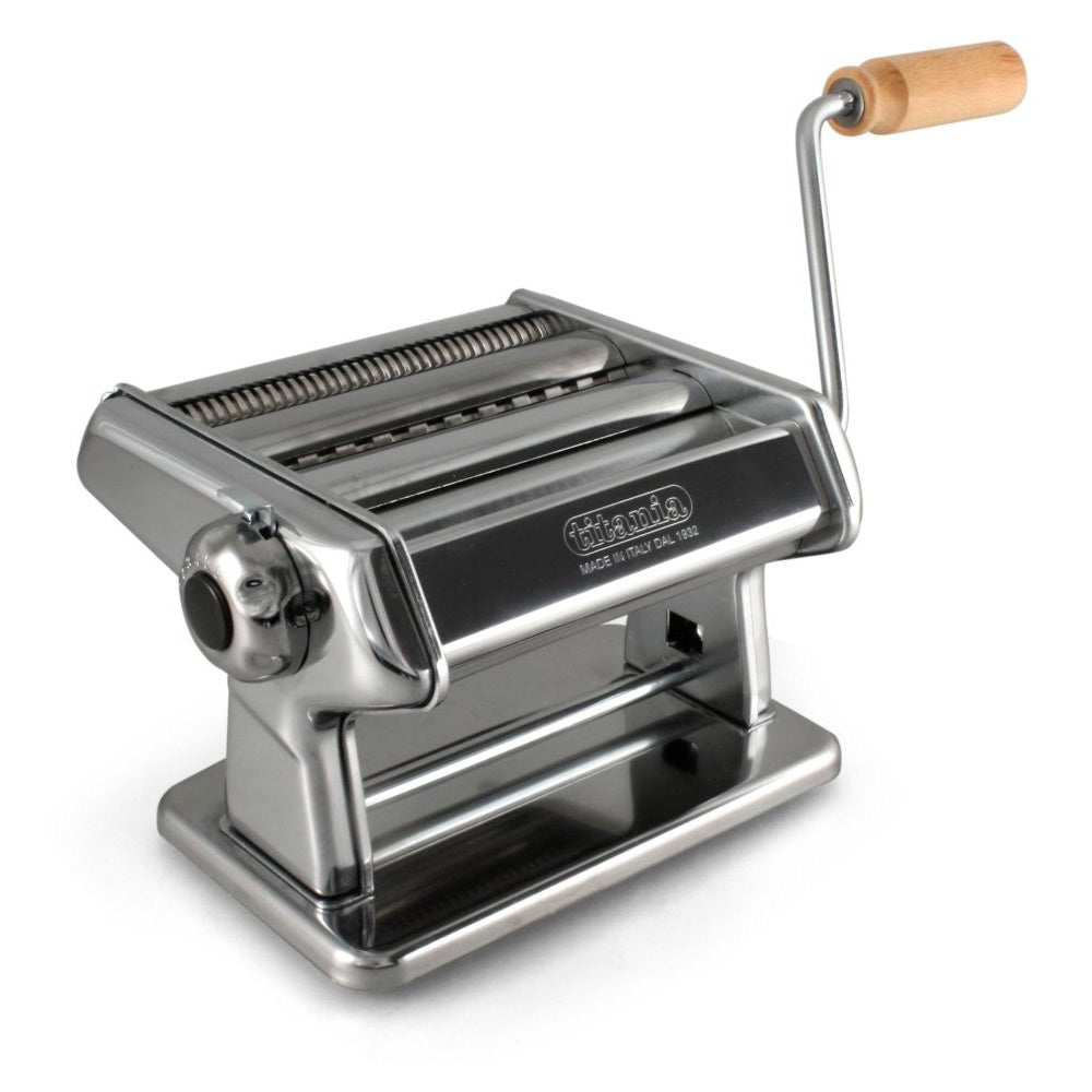 Titania pasta machine in chrome with a crank handle and a wooden knob