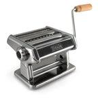 Titania pasta machine in chrome with a crank handle and a wooden knob