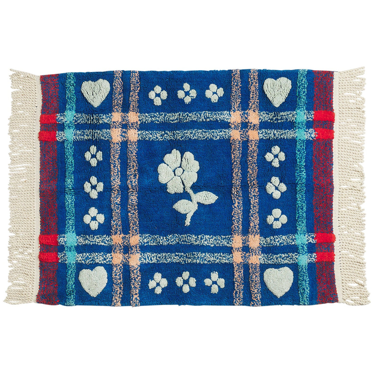 Sage x Clare Josephine Blue Bell bath mat with a floral plaid pattern and fringed edges