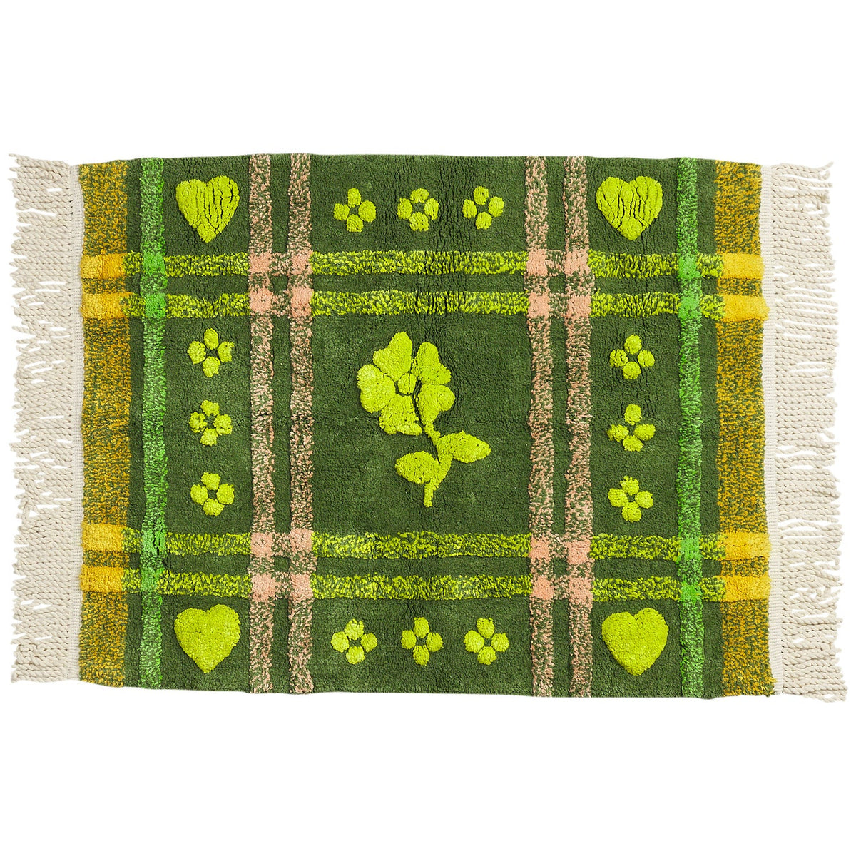 Sage x Clare Josephine Hunter Green bath mat with a floral plaid pattern and fringed edges