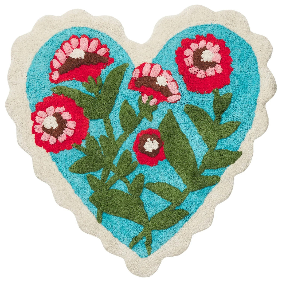 Sage x Clare Loretta Heart bath mat with a floral heart design in turquoise and pink