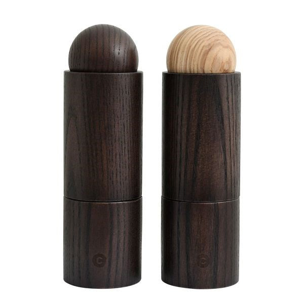 CrushGrind Aarhus salt and pepper mill set in dark and light wood with round wooden tops