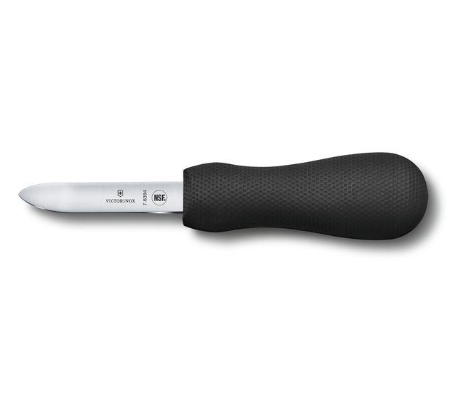 Victorinox oyster knife with a short pointed blade and a black handle