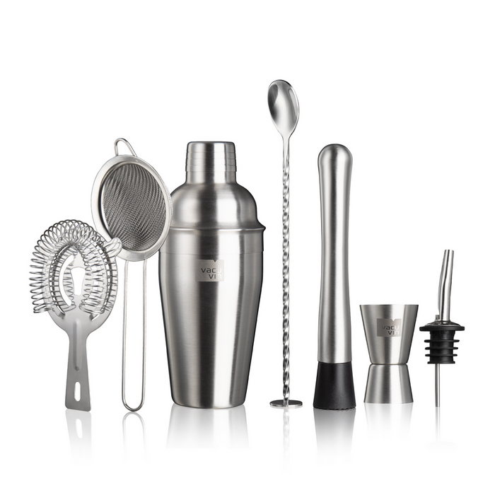 Vacu Vin deluxe cocktail set with a shaker, strainers, muddler, bar spoon, jigger and pourer in stainless steel