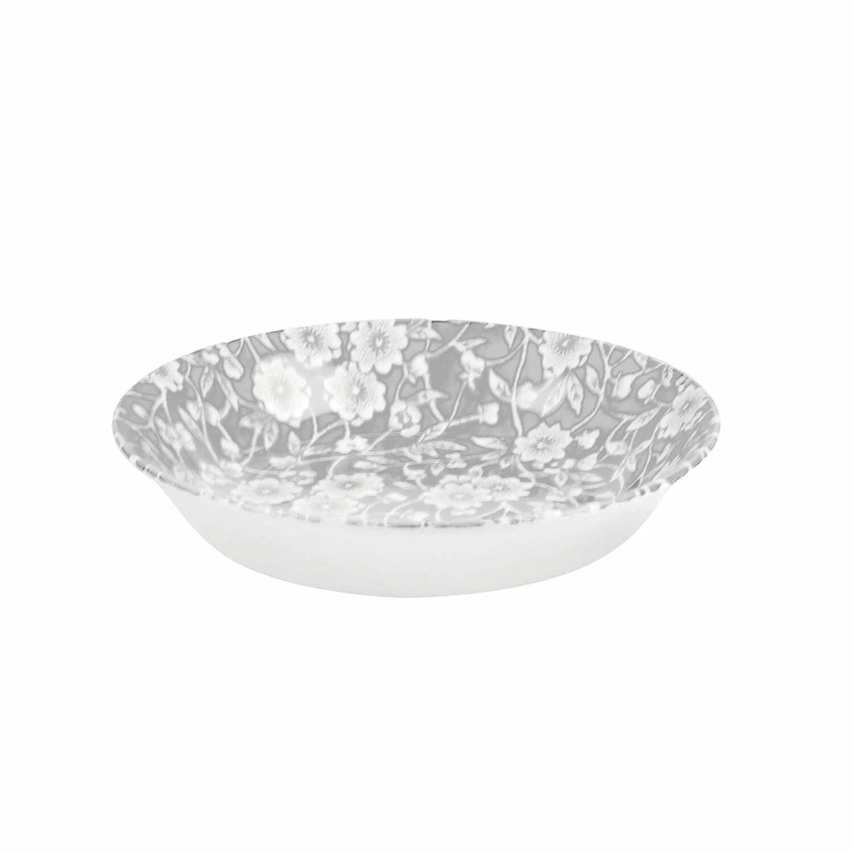 Burleigh Dove Grey Calico butter pat, a shallow round dish with a grey and white floral pattern