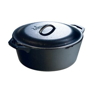 Lodge 6.6 litre cast iron Dutch oven in black with a loop handle lid and side handles