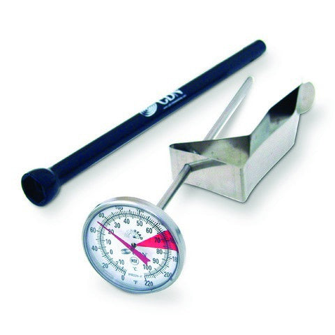 CDN ProAccurate beverage and froth thermometer with a black handle and a clip