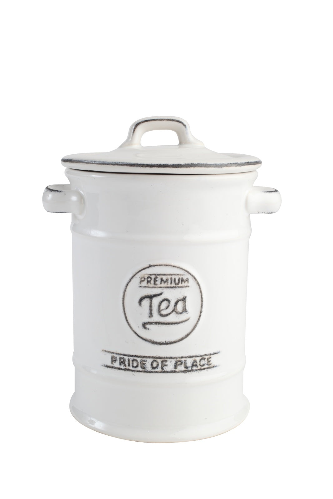 T & G Pride of Place tea jar in white ceramic with a lid and the word Tea