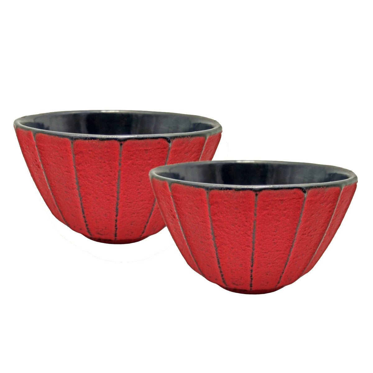 Teaology cast iron cups set, two red bowl-shaped cups with a ribbed pattern and a dark interior