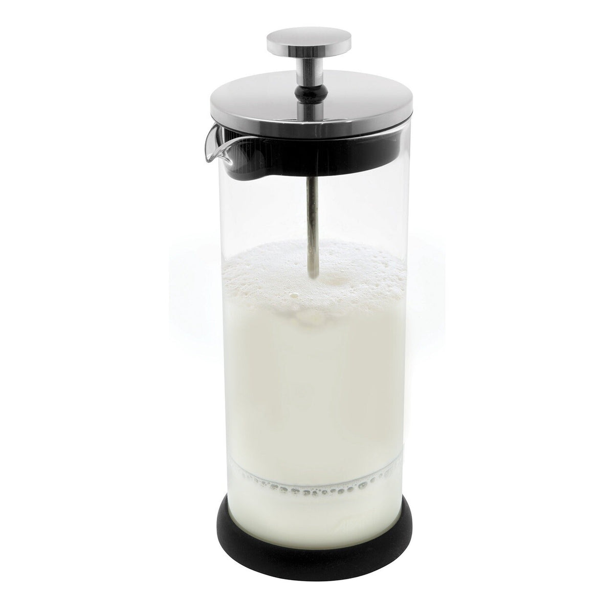 Avanti 500ml glass plunger milk frother with a steel lid, filled with frothed milk