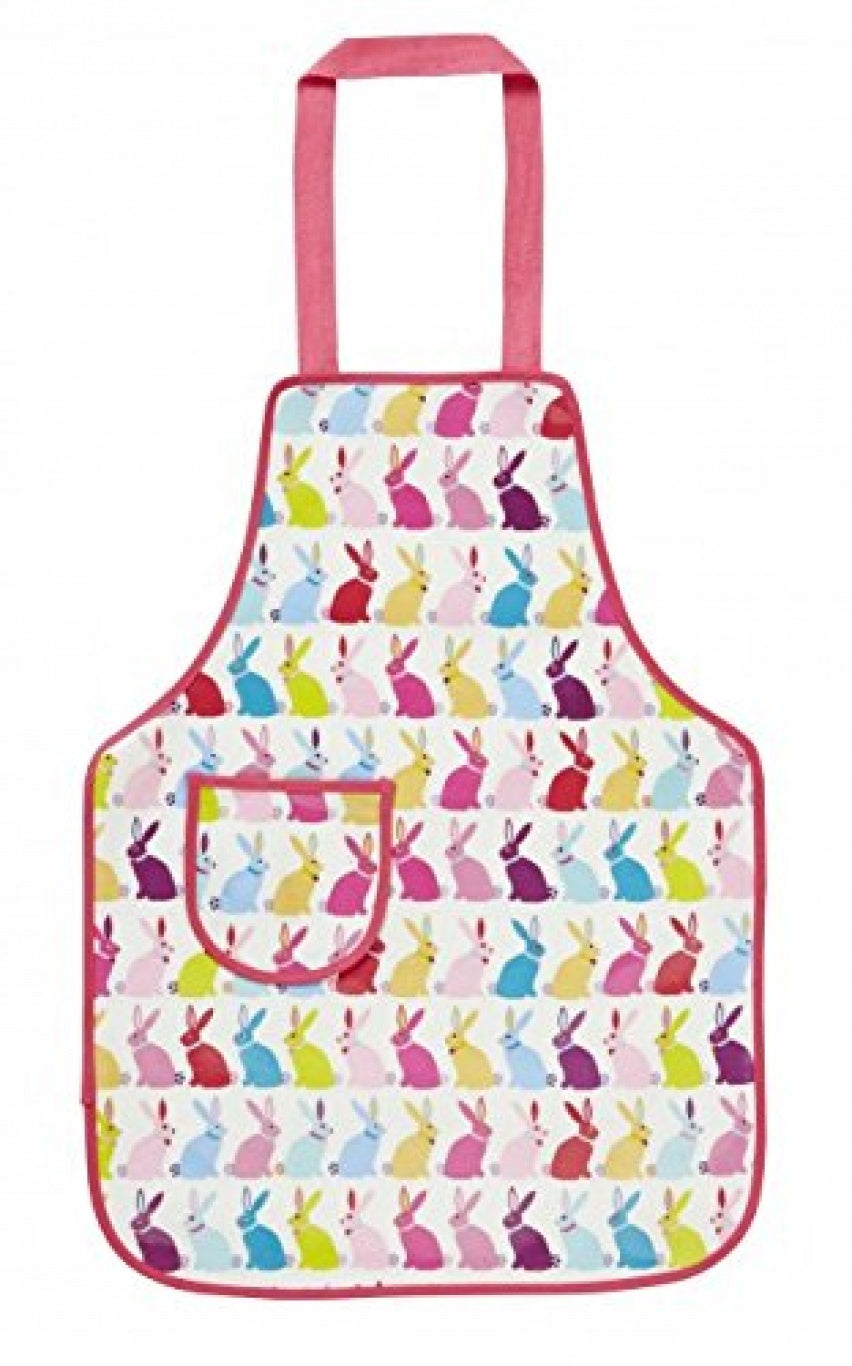 Ulster Weavers child's apron with rows of colourful bunnies and pink trim, with a front pocket