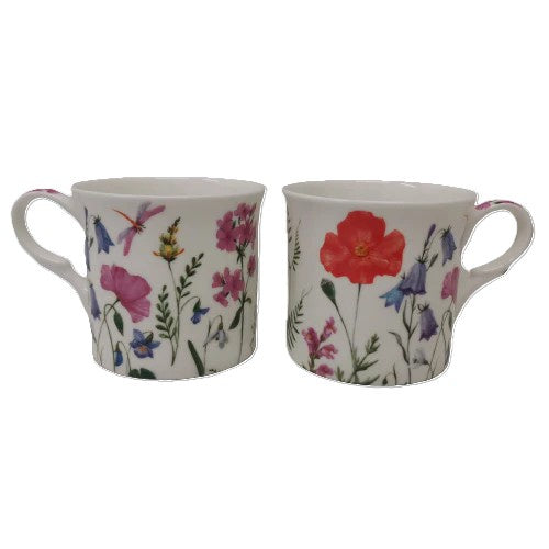 Heritage Princess mug pair in bone china with a Spring Flower design of poppies and other wild flowers