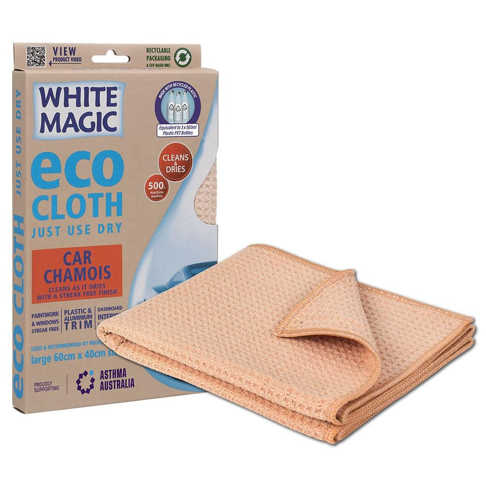White Magic Eco Cloth Car Chamois pack with a peach waffle cloth and its box