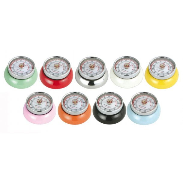 Zassenhaus magnetic dial kitchen timers in nine colours including green, red, white, yellow, pink, orange and black
