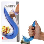 Brix Cankey Frost ring-pull can opener in blue, shown on its card with a hand using it