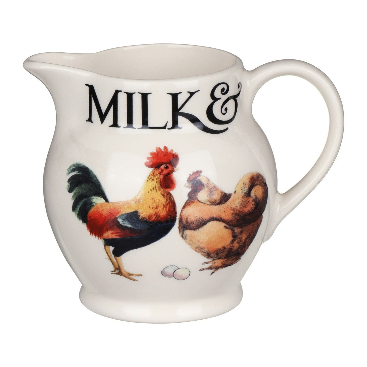 Emma Bridgewater Rise & Shine milk jug with Milk & lettering and illustrated rooster and hens