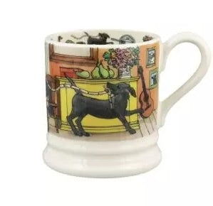 Emma Bridgewater The Good Life half pint mug with Dogs Dinner, showing a black dog in a kitchen scene