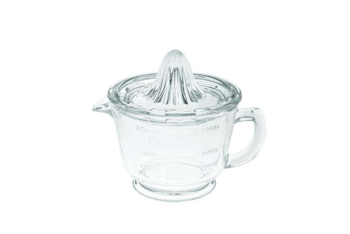 Avanti glass juicer with a reamer top, measurement marks and a handle