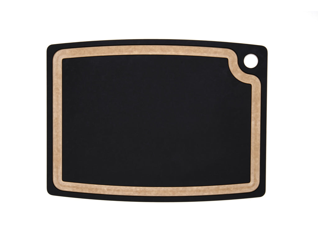 Epicurean Gourmet Series chopping board with a juice groove, 44x33cm, in slate black with tan edges