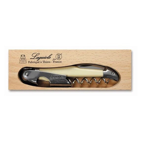 Andre Verdier Laguiole waiter's knife with a cream handle, shown in a wooden gift box