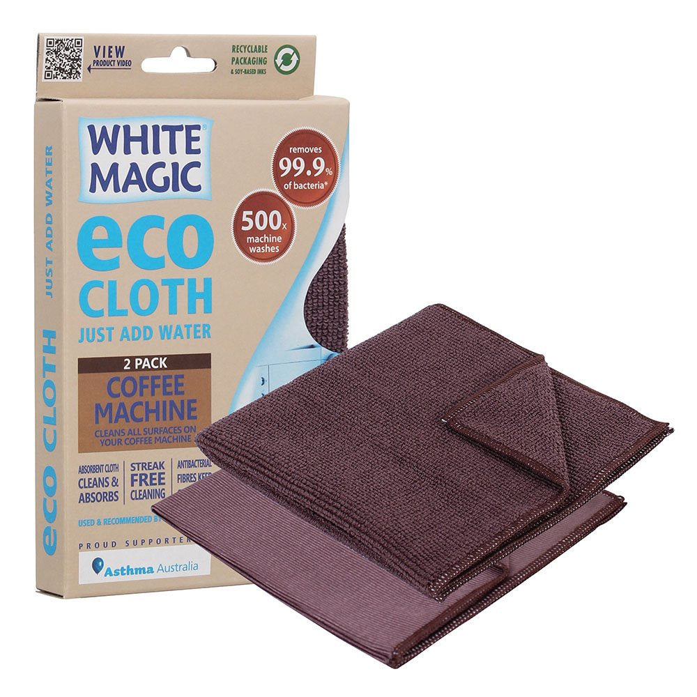 White Magic Eco Cloth Coffee Machine two pack with brown microfibre cloths and their box