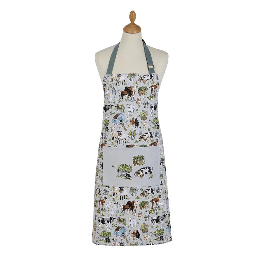 Ulster Weavers Portman Farm cotton apron in grey with farm animals and a front pocket, shown on a dress form
