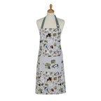 Ulster Weavers Portman Farm cotton apron in grey with farm animals and a front pocket, shown on a dress form