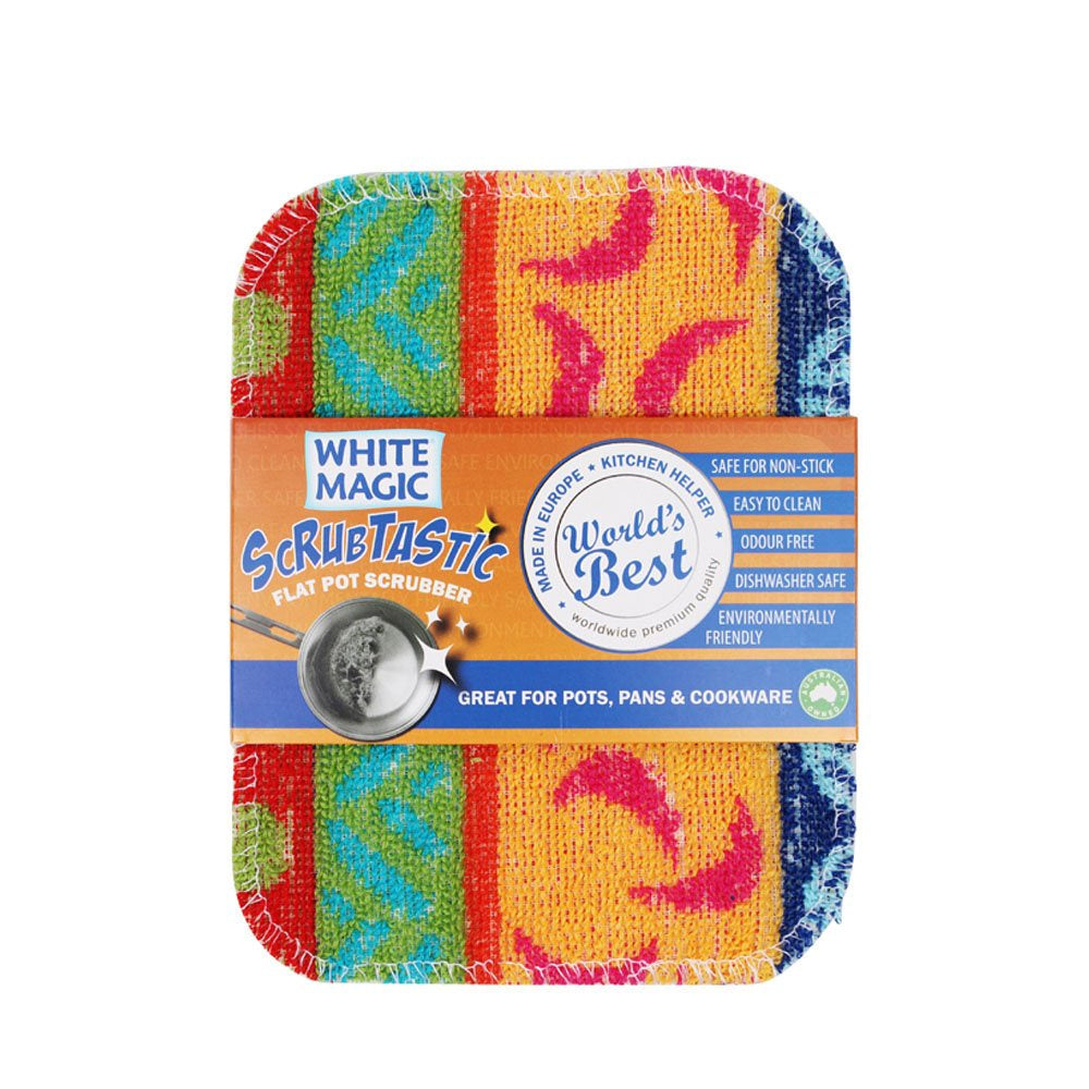 White Magic Scrubtastic flat pot scrubber with colourful terry cloth stripes, shown in its band