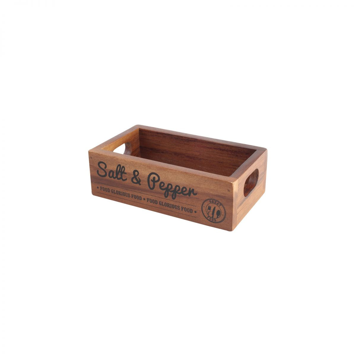 T & G salt and pepper crate, a small acacia wood box with Salt & Pepper lettering and two hand holes