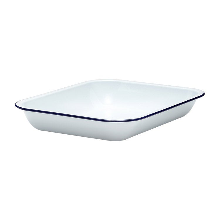 Falcon Enamelware bake pan in white with a navy rim