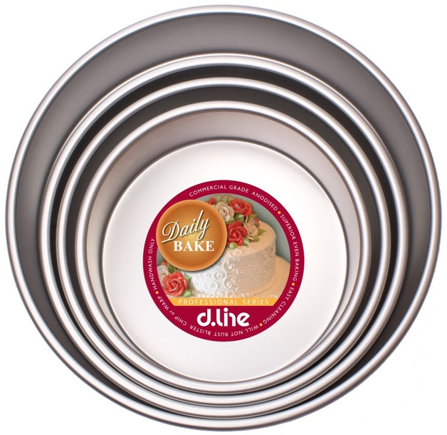 Daily Bake professional round cake tins, a nested stack of anodised tins with a d.line label
