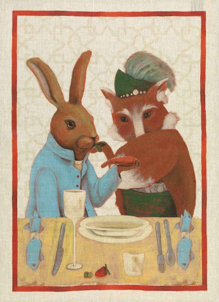 Tessitura Toscana Telerie Rabbit & Fox linen tea towel with an illustrated dining scene