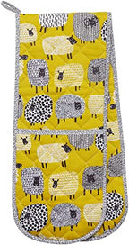 Ulster Weavers Dotty Sheep double oven glove with black and white sheep on a mustard yellow background