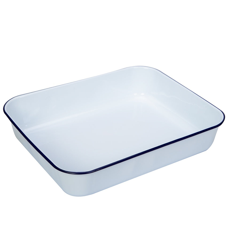 Falcon Enamelware roasting pan in white with a navy blue rim