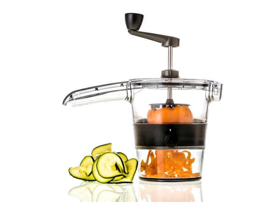 Gefu Spiralfix spiral slicer with a crank handle, shown with carrot and courgette spirals